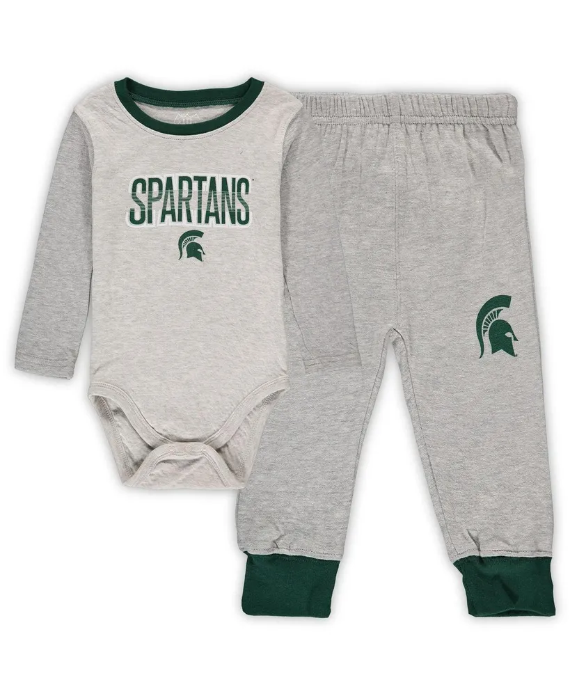 Infant Boys and Girls Wes & Willy Heathered Gray, Green Michigan State Spartans Jie Jie Long Sleeve Bodysuit and Pants Set