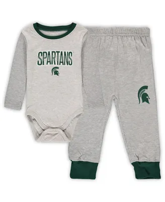 Infant Boys and Girls Wes & Willy Heathered Gray, Green Michigan State Spartans Jie Jie Long Sleeve Bodysuit and Pants Set