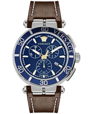 Versace Men's Swiss Chronograph Greca Brown Leather Strap Watch 45mm