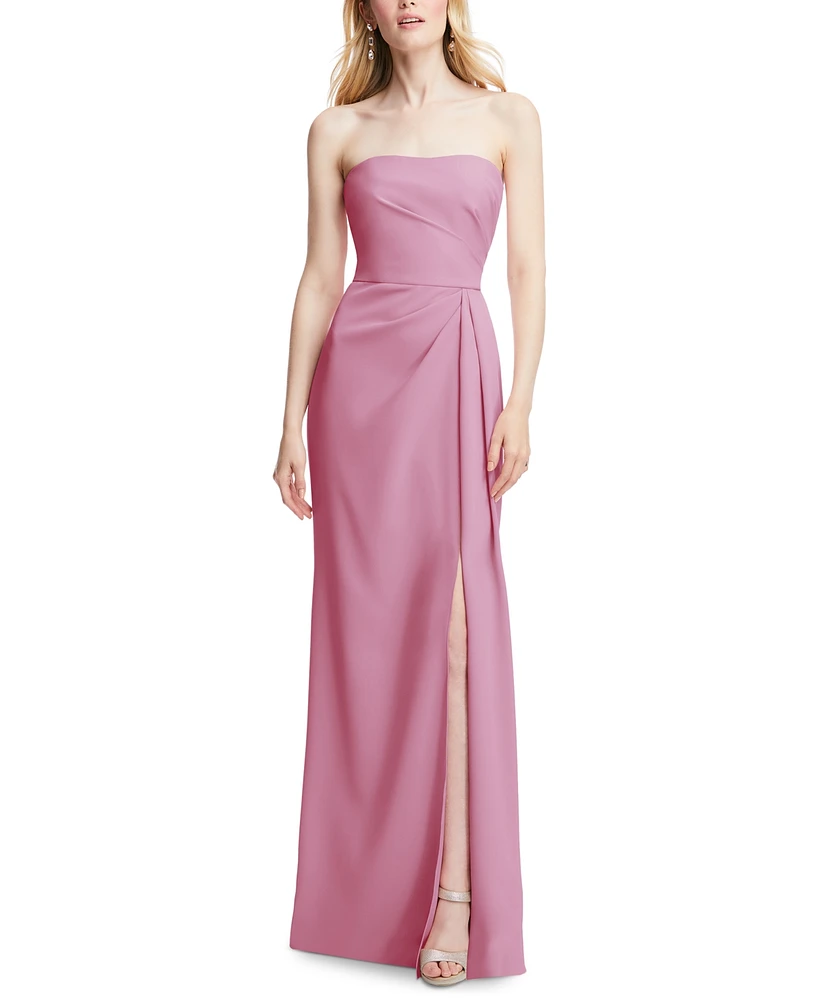 After Six Plus Strapless Pleated Faux Wrap Trumpet Gown with Front Slit