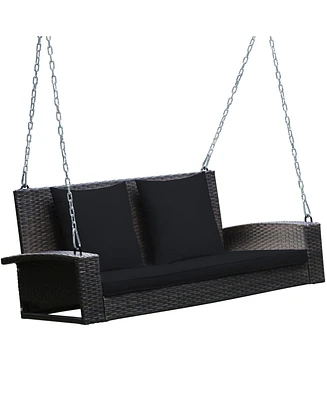 2-Person Patio Rattan Hanging Porch Swing Bench Chair Cushion