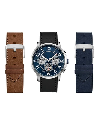 American Exchange Men's Black Leather Strap Watch 44mm Gift Set