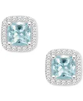 Aquamarine (1 ct. t.w.) & Diamond (1/5 ct. t.w.) Cushion Halo Stud Earrings in Sterling Silver