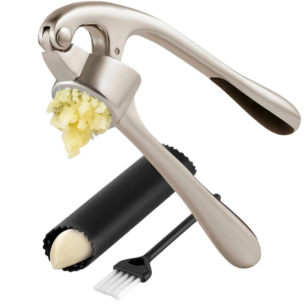 Zulay Kitchen Garlic Press and Peeler Set With Peeler & Brush - Rust Proof & Dishwasher Safe Professional Garlic Mincer Tool