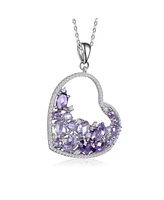 Sterling Silver with White Gold Plating Purple Oval with Clear Round Cubic Zirconia Open Heart Necklace