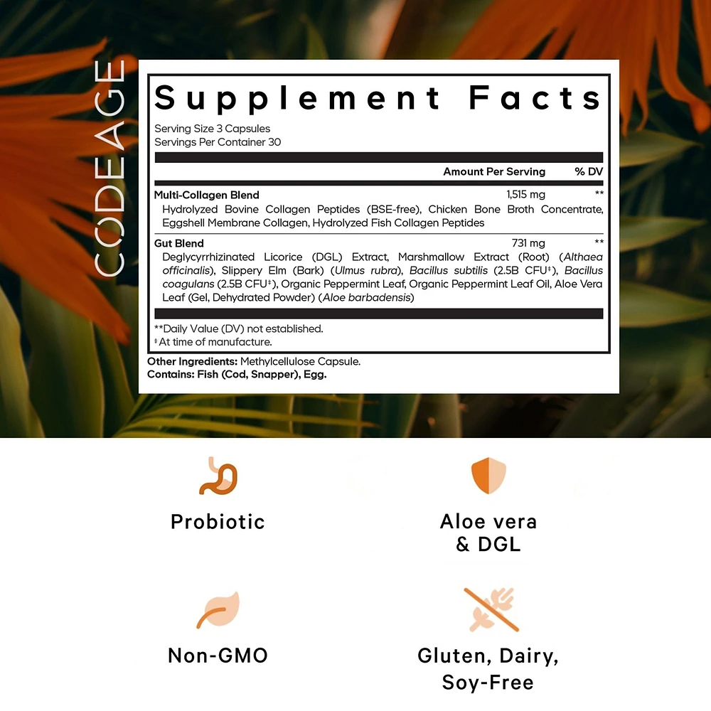 Codeage Multi Collagen + Gut Blend Supplement - Digestive Probiotics, Dgl Licorice, Aloe Vera, Organic Peppermint Leaf, Slippery Elm