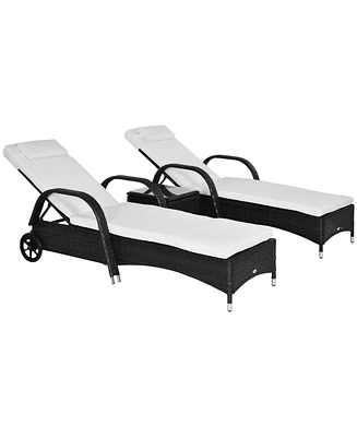 Outsunny Pool Furniture, 2 Lounge Chairs & Table, Wheels, Cushioned,