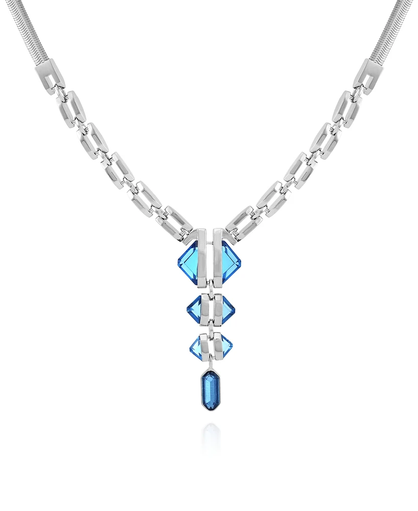 Vince Camuto Imitation Light Sapphire Epoxy Pendant Silver-Tone Thick Snake Chain Necklace
