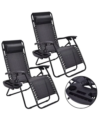 2 Pcs Folding Zero Gravity Reclining Lounge Chairs Beach Patio with Utility Tray