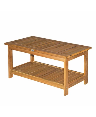 Outsunny 35.5" x 17.75" 2-Tier Acacia Wood Outdoor Table with Slat Design