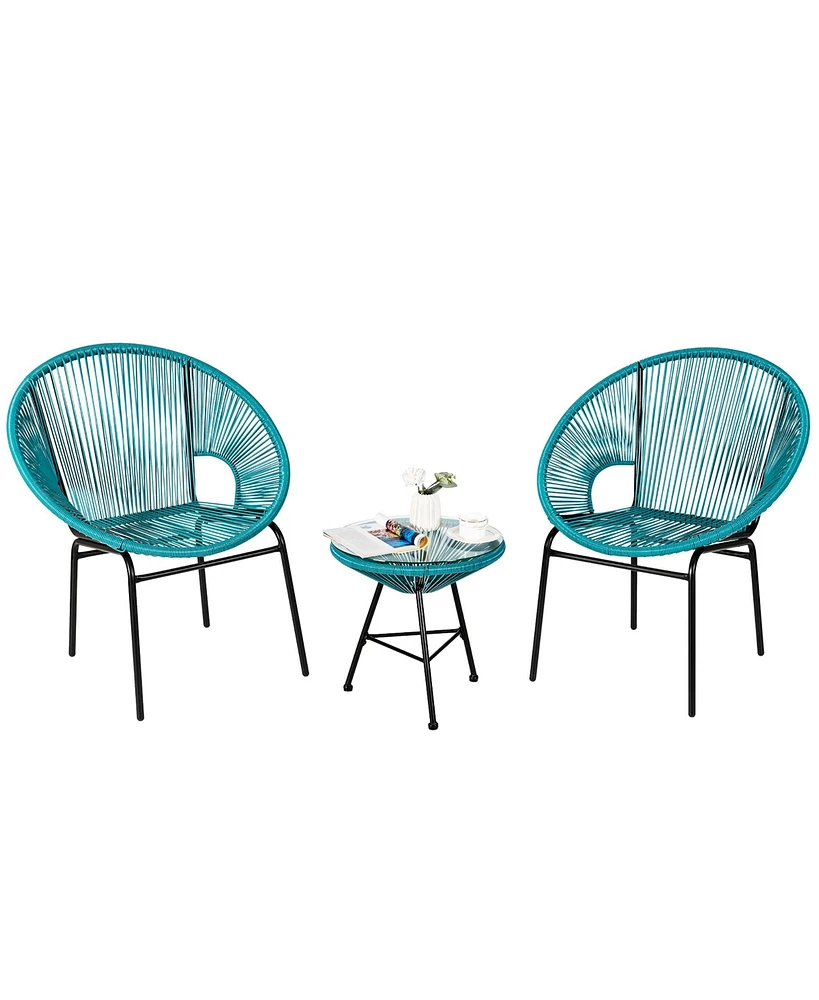 3PCS Patio Acapulco Furniture Bistro Set Plastic Rope Glass Table