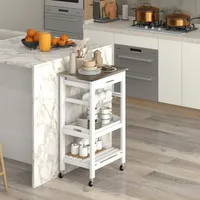 Compact Kitchen Island Cart Rolling Service Trolley with Stainless Steel Top Basket