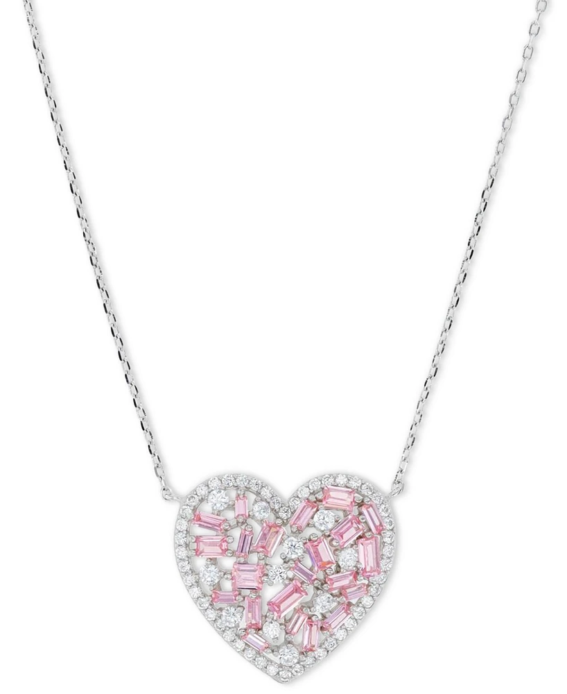 Pink & White Cubic Zirconia Heart Halo Pendant Necklace in Sterling Silver, 18" + 2" extender