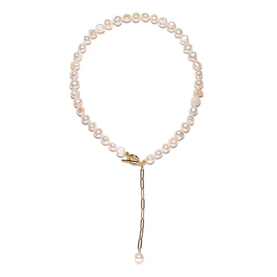 18K Gold Plated Paper Clip Chain with Freshwater Pearls - Morgan Necklace 17" For Women