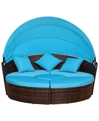 Outsunny 4-Piece Rattan Patio Furniture Set, Round Convertible Daybed or Sunbed with Adjustable Sun Canopy, Sectional Sofa, 2 Chairs, Table
