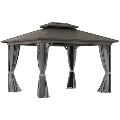 Outsunny 10' x 12' Metal Roof Hardtop Gazebo w/ Curtains & Netting,