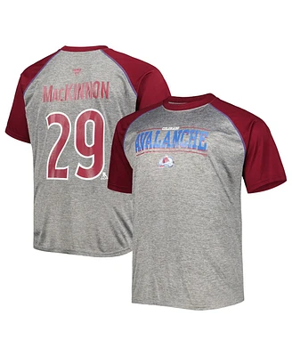 Men's Fanatics Nathan MacKinnon Heather Gray, Burgundy Colorado Avalanche Big and Tall Contrast Raglan Name Number T-shirt
