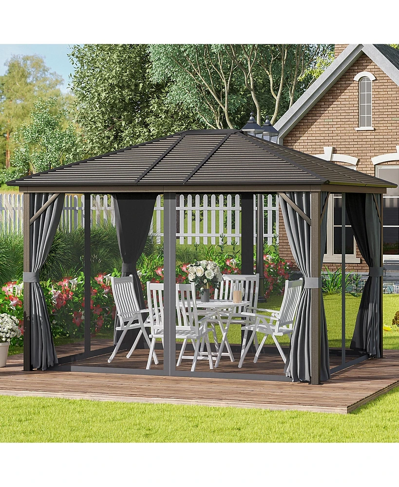 Outsunny 10'x12' Hardtop Gazebo, Mesh, Curtains, Steel Slat Canopy, Dark