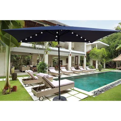 10 X 6.5FT Rectangular Patio Solar Led Lighted Outdoor Umbrellas With Crank And Push Button