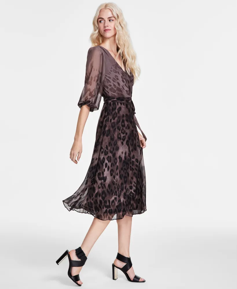 Dkny Women's Printed Faux-Wrap Balloon-Sleeve Dress