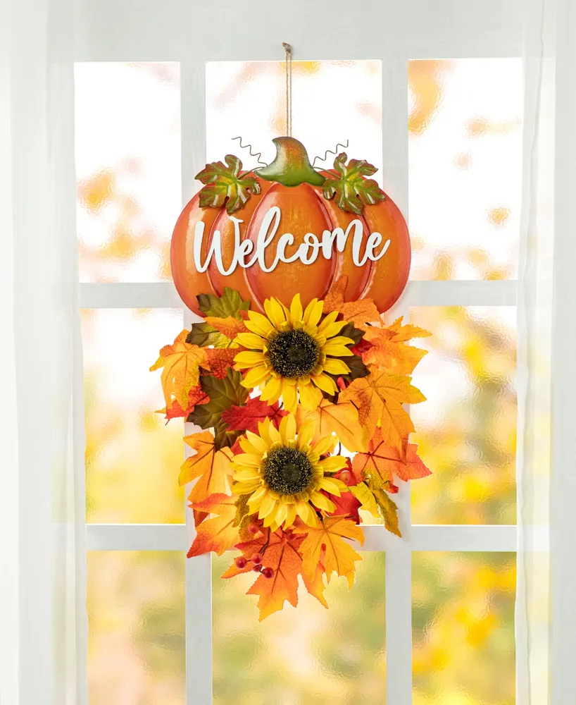 Glitzhome 22.5" H Fall Metal Pumpkin Sunflower Swag Wall Decor