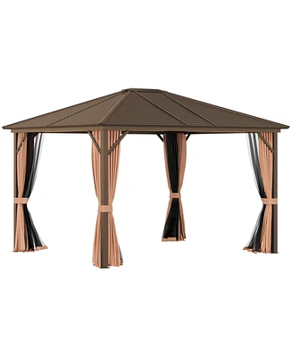 Outsunny 10' x12' Hardtop Gazebo with Aluminum Frame, Permanent Metal Roof Gazebo Canopy with 2 Hooks, Curtains and Netting for Garden, Patio, Backyar