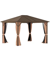 Outsunny 10' x12' Hardtop Gazebo with Aluminum Frame, Permanent Metal Roof Gazebo Canopy with 2 Hooks, Curtains and Netting for Garden, Patio, Backyar