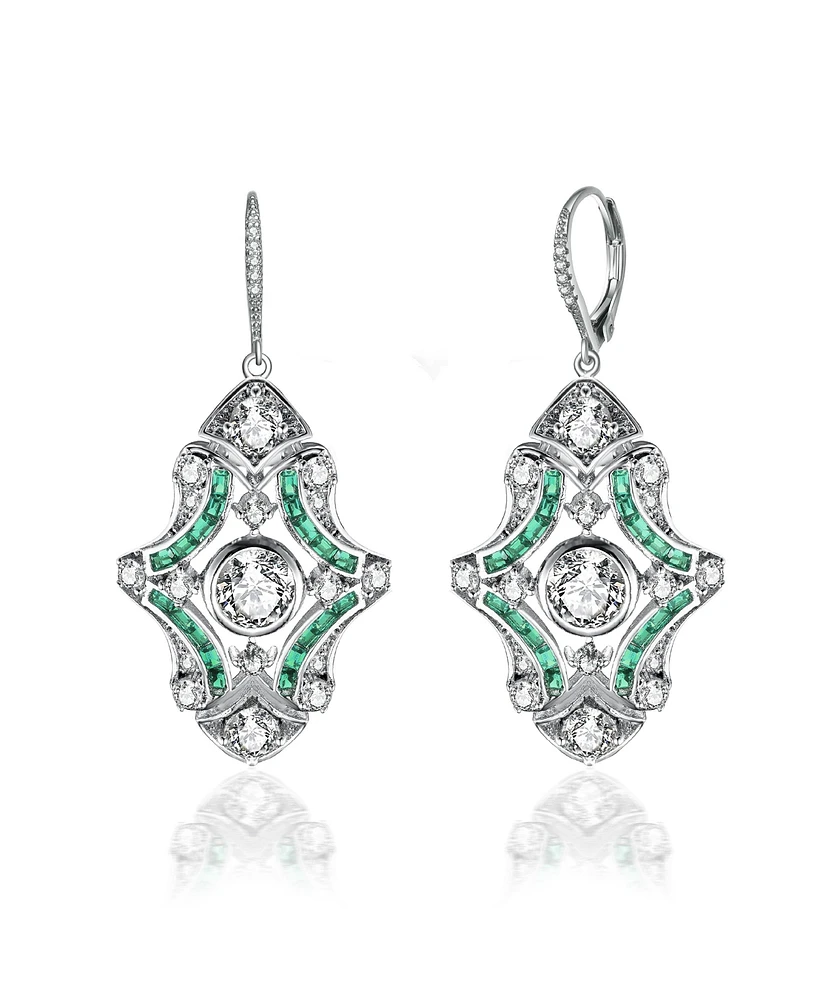 White Gold Plated with Green & Cubic Zirconia Art Deco Lever Back Earrings in Sterling Silver