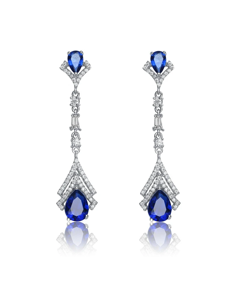Sterling Silver With White Gold Plated Clear And Green Cubic Zirconia Double Haloed Drop Earrings