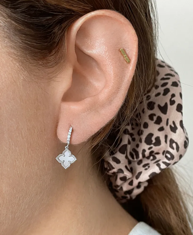 Adornia Silver Plated Floral Dangle Hoop White Imitation Mother of Pearl Earrings