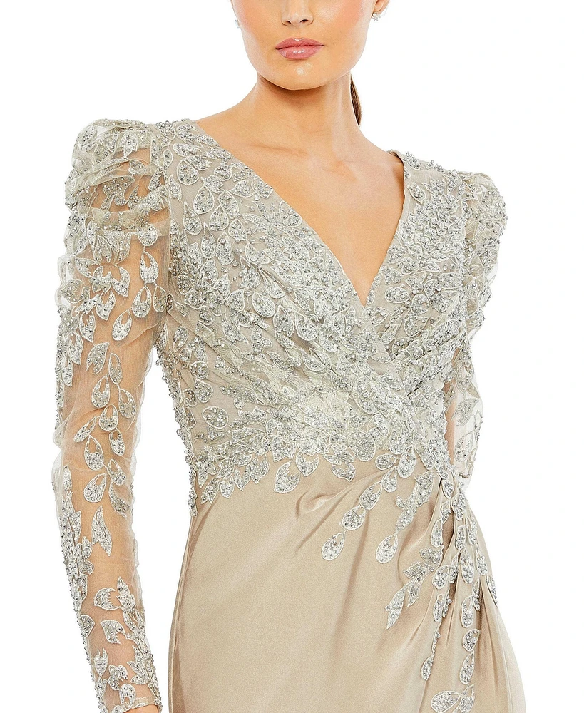 Mac Duggal Women's Embellished Faux Wrap Illusion Puff Sleeve Gown