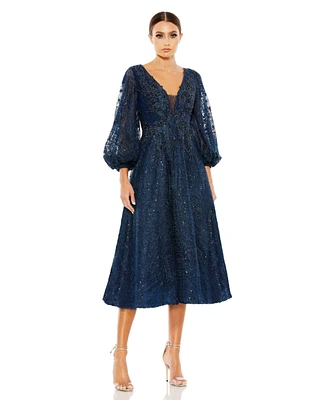 Mac Duggal Women's Embellished Plunge Neck Bishop Sleeve Dress