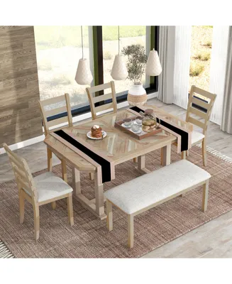 6-Piece Rubberwood Dining Table Set With Beautiful Wood Grain Pattern Table Top Solid Wood