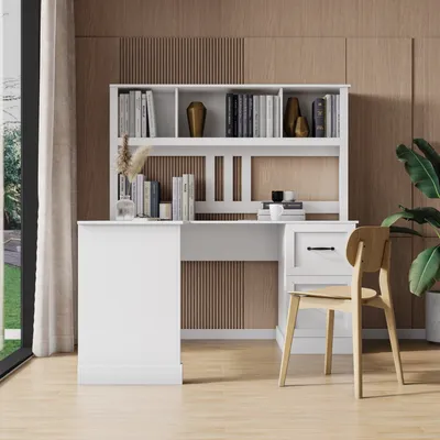Home Office Computer Desk With Hutch, Antiqued Finish