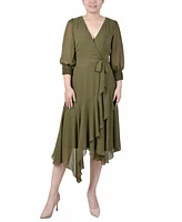 Ny Collection Women's 3/4 Sleeve Belted Chiffon Handkerchief Hem Dress