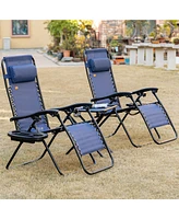 Outsunny 3-Piece Outdoor Chaise Lounger Chair Set, Folding Reclining Zero Gravity Chair with Side Table, Cup Holder and Headrest for Patio, Yard, Beac
