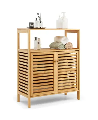 Bamboo Floor Cabinet Bathroom Storage Cabinet Storage Organizer w/ Shutter Doors