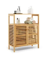 Bamboo Floor Cabinet Bathroom Storage Cabinet Storage Organizer w/ Shutter Doors