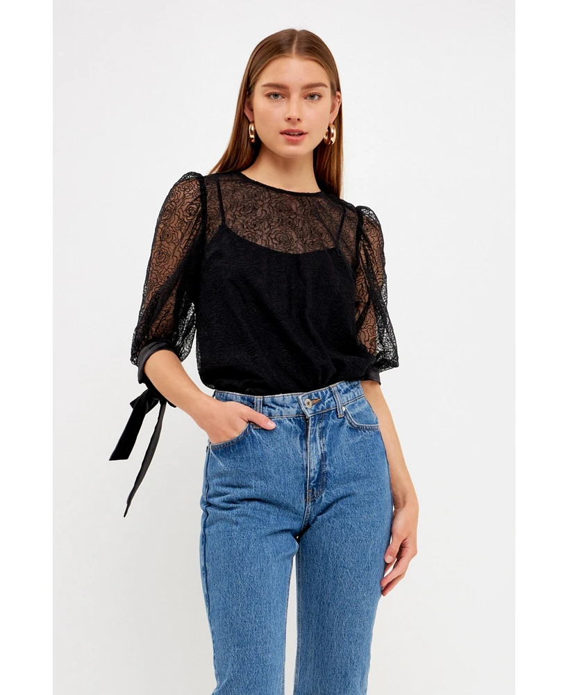 endless rose Women's Embroidered Puff Sleeve Satin Bow Top
