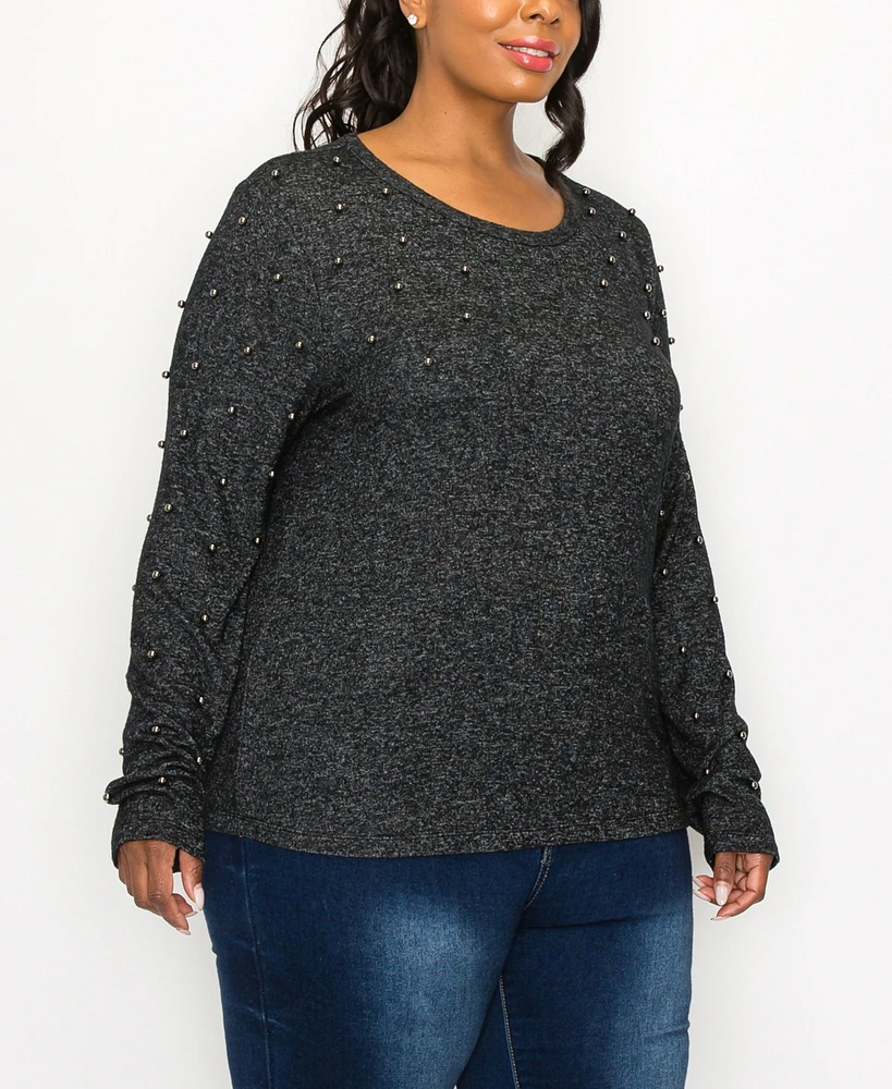 Coin 1804 Plus Size Cozy Long Sleeve Pullover Top with Gunmetal Studs