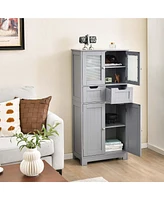 Bathroom Floor Storage Cabinet Kitchen Cupboard with 2 Drawers & Glass Doors