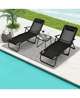 3pcs Patio Folding Chaise Lounge Chair Pvc Tabletop Set Outdoor Portable Beach