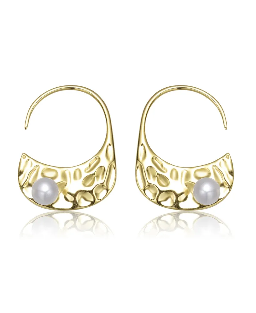 Sterling Silver 14K Gold Plated with Genuine Freshwater Round Pearl Hoop Earrings