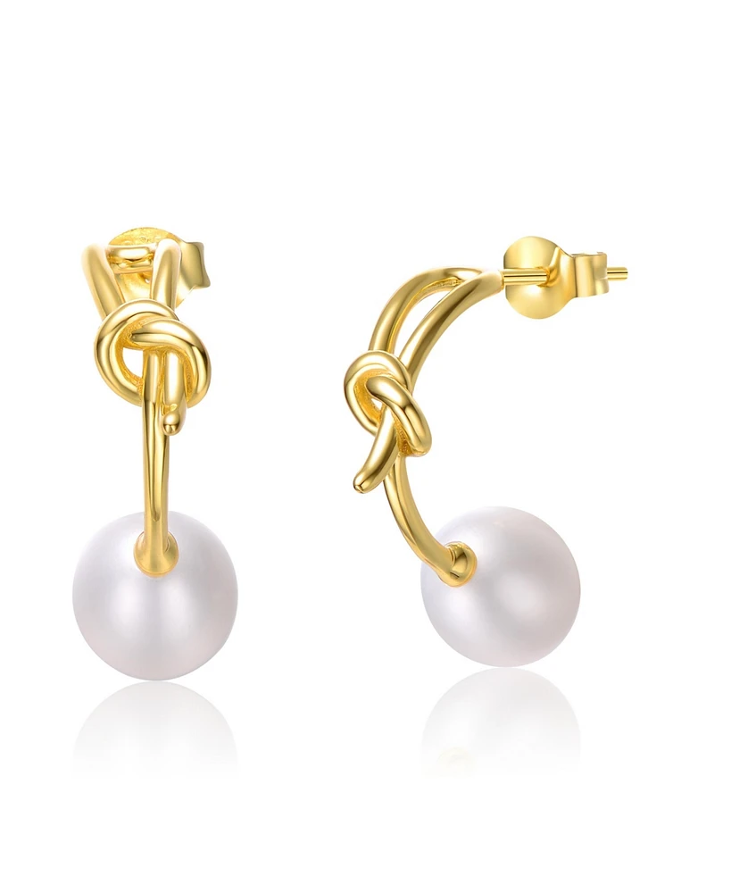 Genevive Sterling Silver 14k Yellow Gold Plated with White Freshwater Pearl Love Knot Half-Hoop Earrings