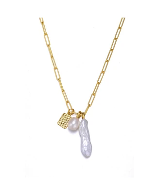 Genevive Sterling Silver 14K Gold Plated Genuine Freshwater Pearl and Cubic Zirconia Lobster Claw Link Necklace