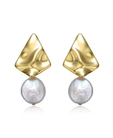 Genevive Sterling Silver 14k Yellow Gold Plated with White Coin Freshwater Pearl Drop Geometric Rippled 3D Double Dangle Earrings