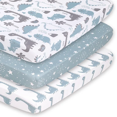 The Peanutshell Pack n Play, Mini Crib, Portable Crib or Fitted Playard Sheets for Baby Boy, Blue Dino, 3 Pack Set