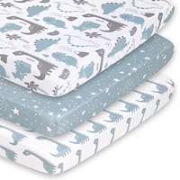 The Peanutshell Pack n Play, Mini Crib, Portable Crib or Fitted Playard Sheets for Baby Boy, Blue Dino, 3 Pack Set