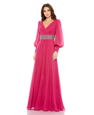 Mac Duggal Women's Bishop Sleeve Wrap Over Belt Detail Flowy Gown