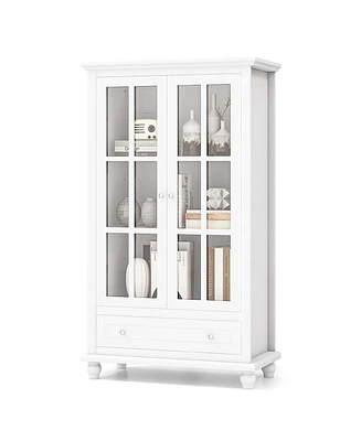 Bookcase Cabinet Storage Bookshelf Organizer Tempered Glass Doors Shelf Drawer